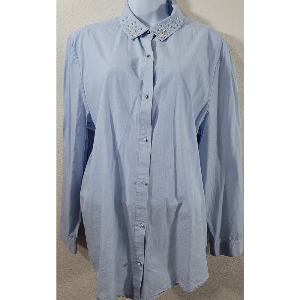 Peck&Peck Light Blue Pearl Button Up Top XL Pearls On Pointed Collar Lightweight